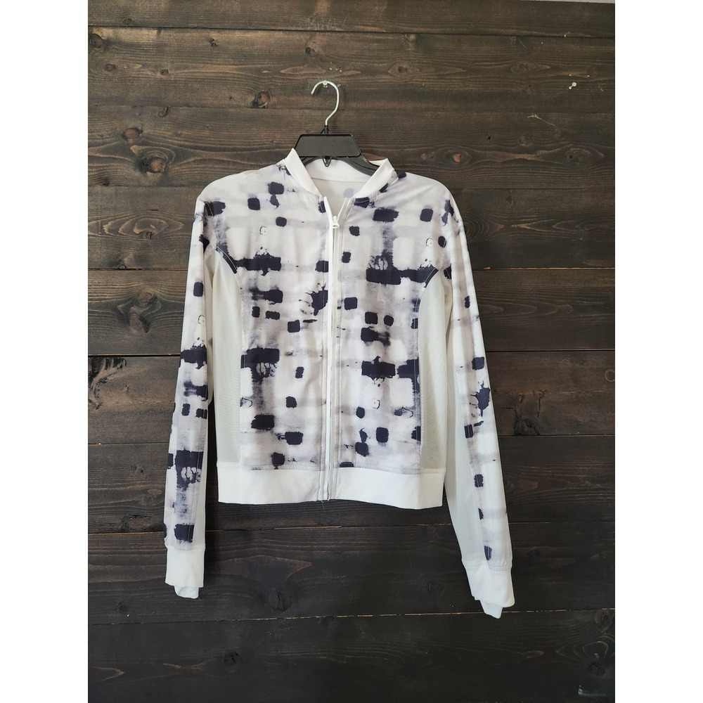 Lululemon White Black Tie Dye Mesh Trim Full Zip Bomber Jacket Womens 4